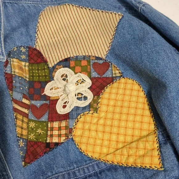 🟢 Upper West Side sz large Vintage denim long sleeve shirt w/ applique InvW028 - Picture 3 of 7